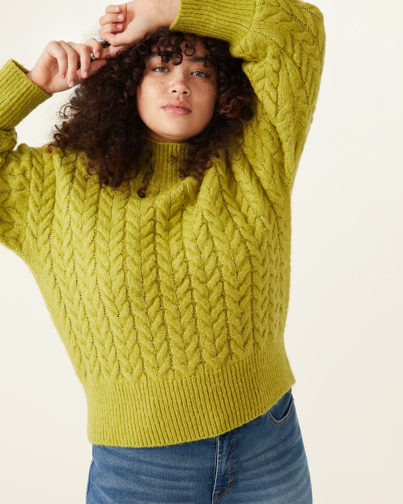 Dominique Plus Size Cable Knit Mock Neck Sweater Light Green